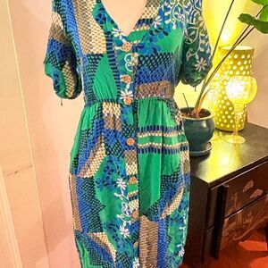 Moulinette Soeurs Geometric Patchwork Silk Shirt Dress Blue Green Size 2